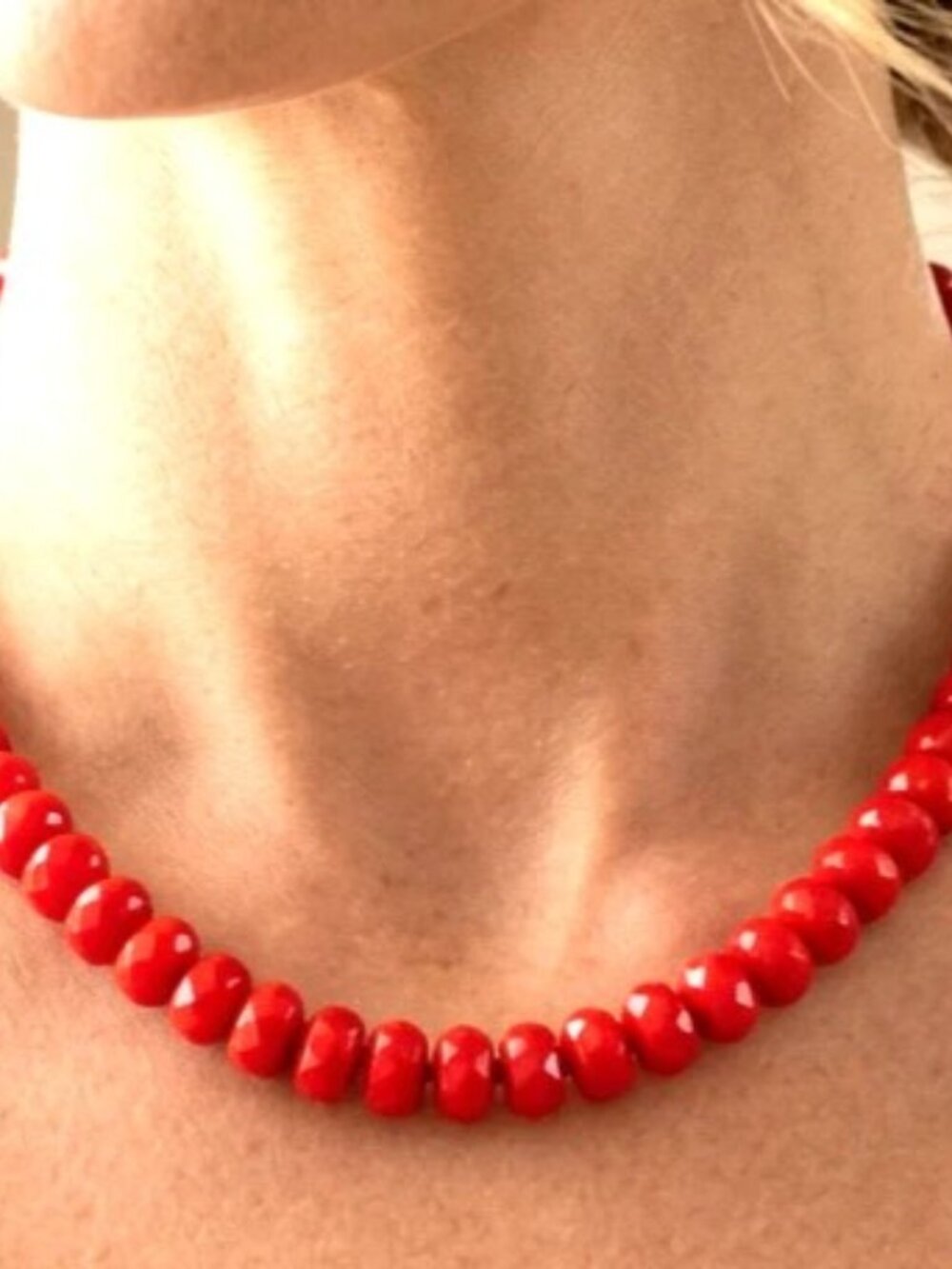 GORGEOUS CORAL RED COLOR FACETED GLASS FLAT BEADS ANTIQUE CZECH NECKLACE CHOKER